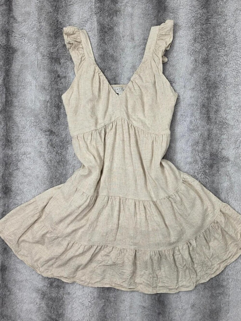 Hayden Linen Blend Ruffle Mini Dress | V-Neck Tiered Flutter Strap Linen Small